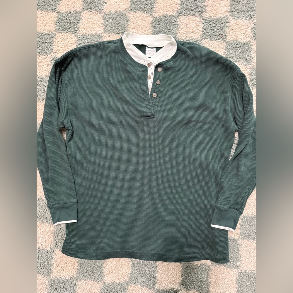 VINTAGE CHEROKEE 90s Y2K Green Long Sleeve Waffle Knit Thermal Layered Henley Lg